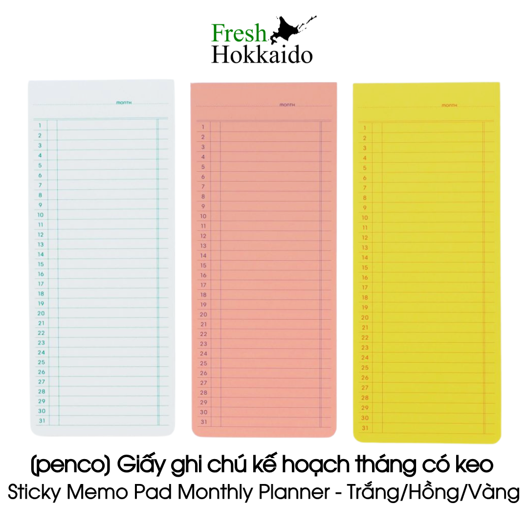 [penco] Giấy ghi chú kế hoạch tháng có keo Sticky Memo Pad Monthly Planner - Lốc 30 tờ - Trắng/Hồng/Vàng