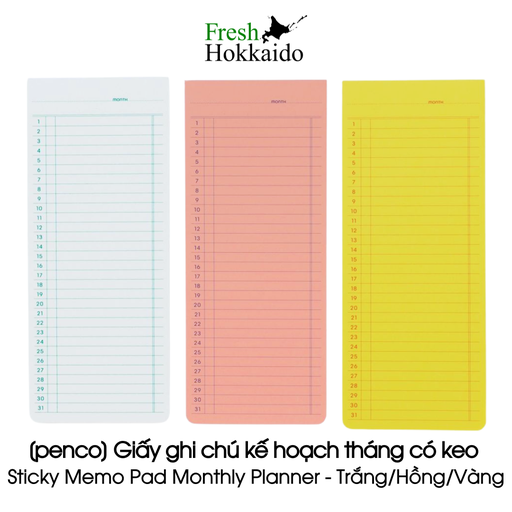 [penco] Giấy ghi chú kế hoạch tháng có keo Sticky Memo Pad Monthly Planner - Lốc 30 tờ - Trắng/Hồng/Vàng